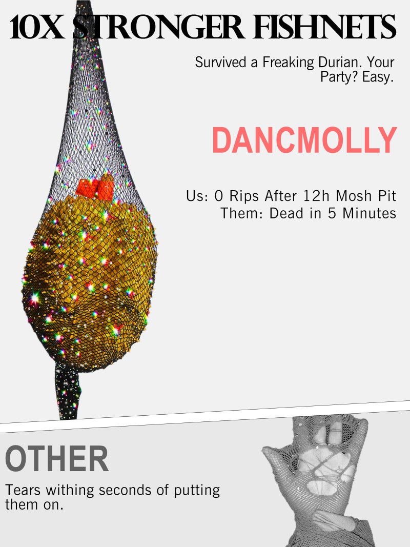 DancMolly Sparkly Rhinestone Fishnet Stockings for Women, Ultra Strong No Snag Fish Net Tights Sexy Rave Party Concert Outfit, 1 Pair Black Small Hole M-XL - Image 3